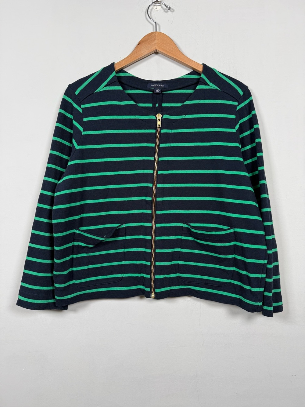 Lands' End Navy and Green Striped Zip-Front Top, Size 18